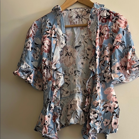 Willow & Clay Tops - Willow & Clay Floral Ruffle Blouse - Blue and Pink